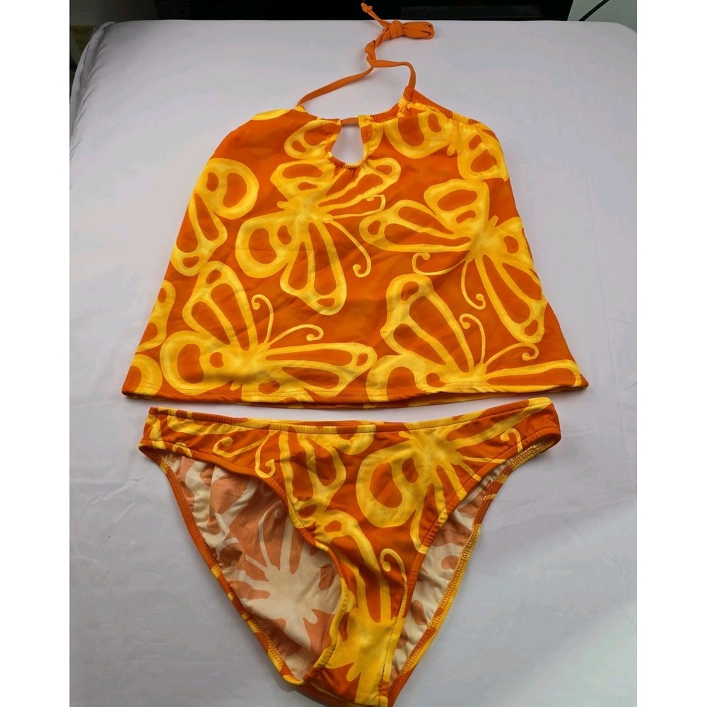 Venus Women's Two-Piece‎ Bikini Bright Orange Butterflies Top Medium Bottom 14